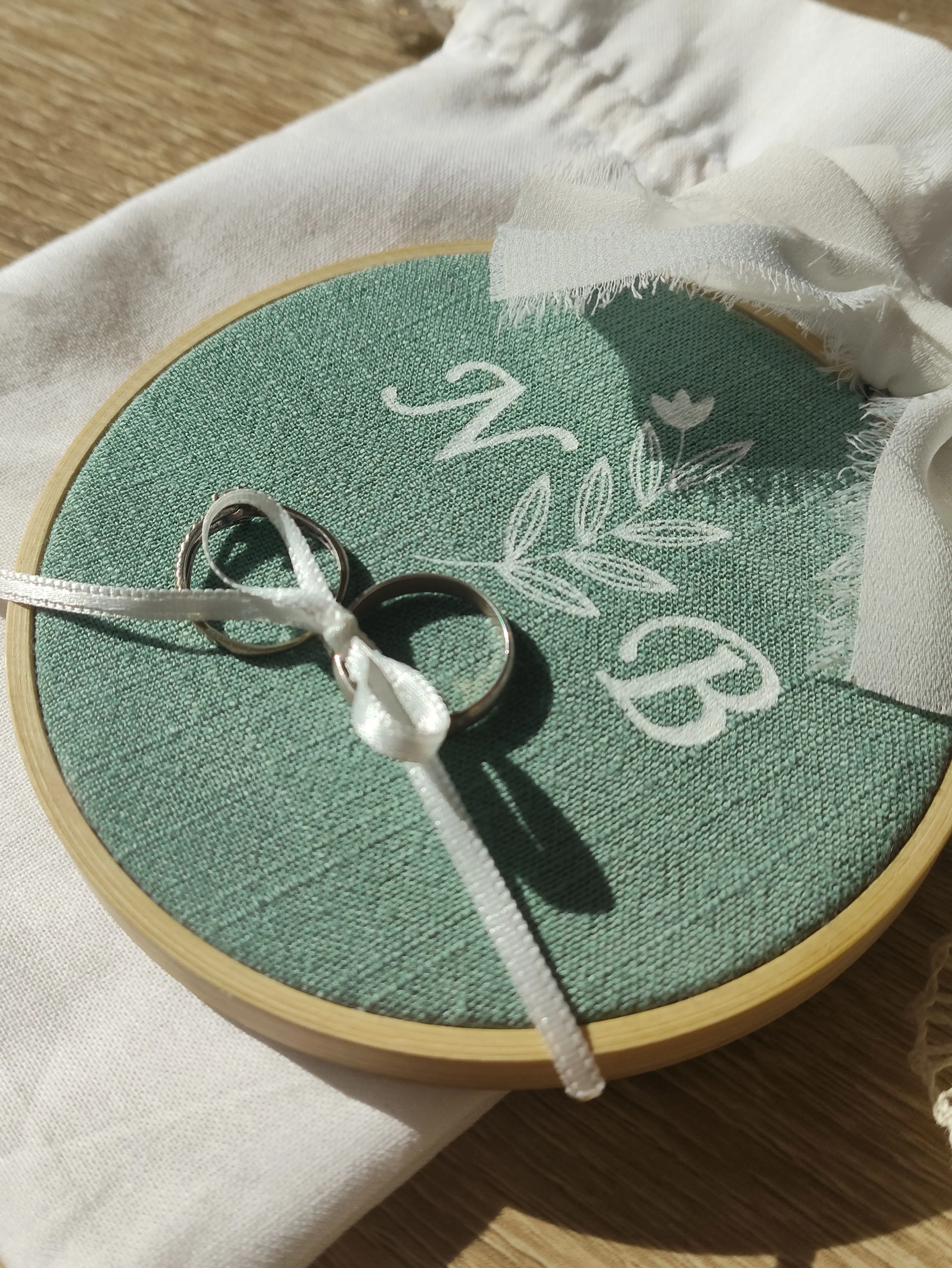 Porte-alliance artisanal personnalisé sur un tambour de broderie avec les initiales des mariés